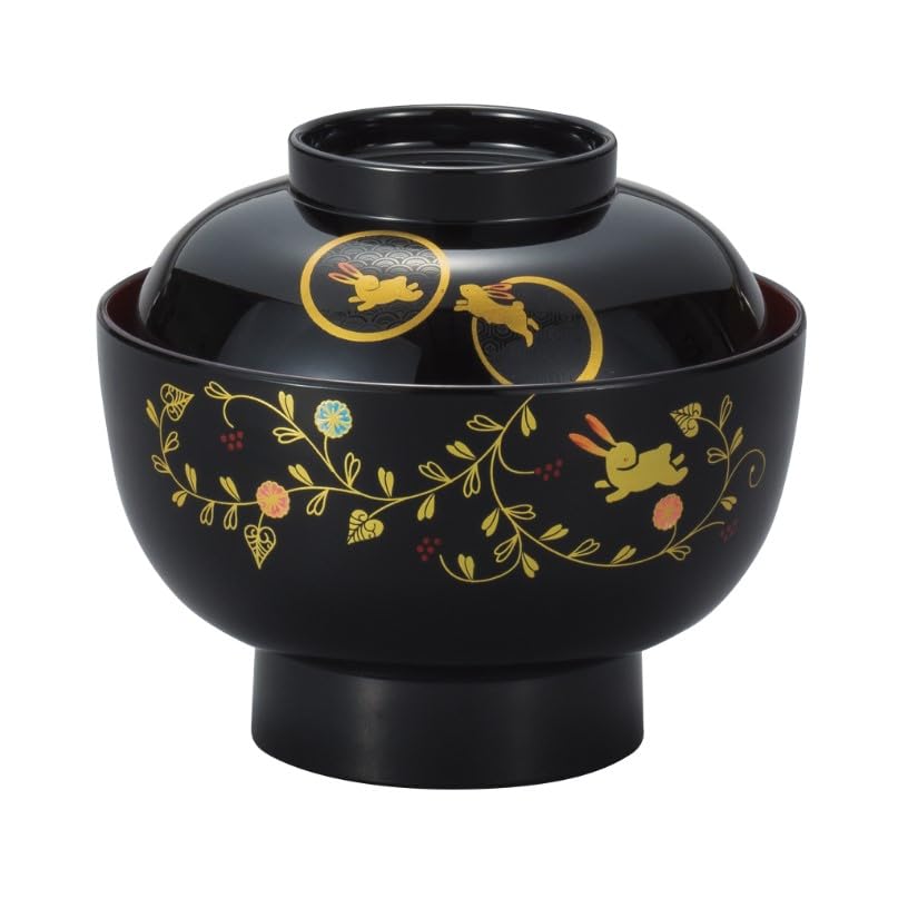 

Maeju Lacquerware Rabbit Arabesque Zoni Bowl, Black with Red Interior, 3T-212