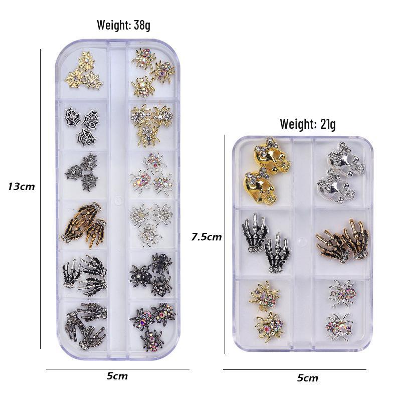 Dark Style Halloween Nail Art Metal Spider & Skull Decorations with Rhinestones