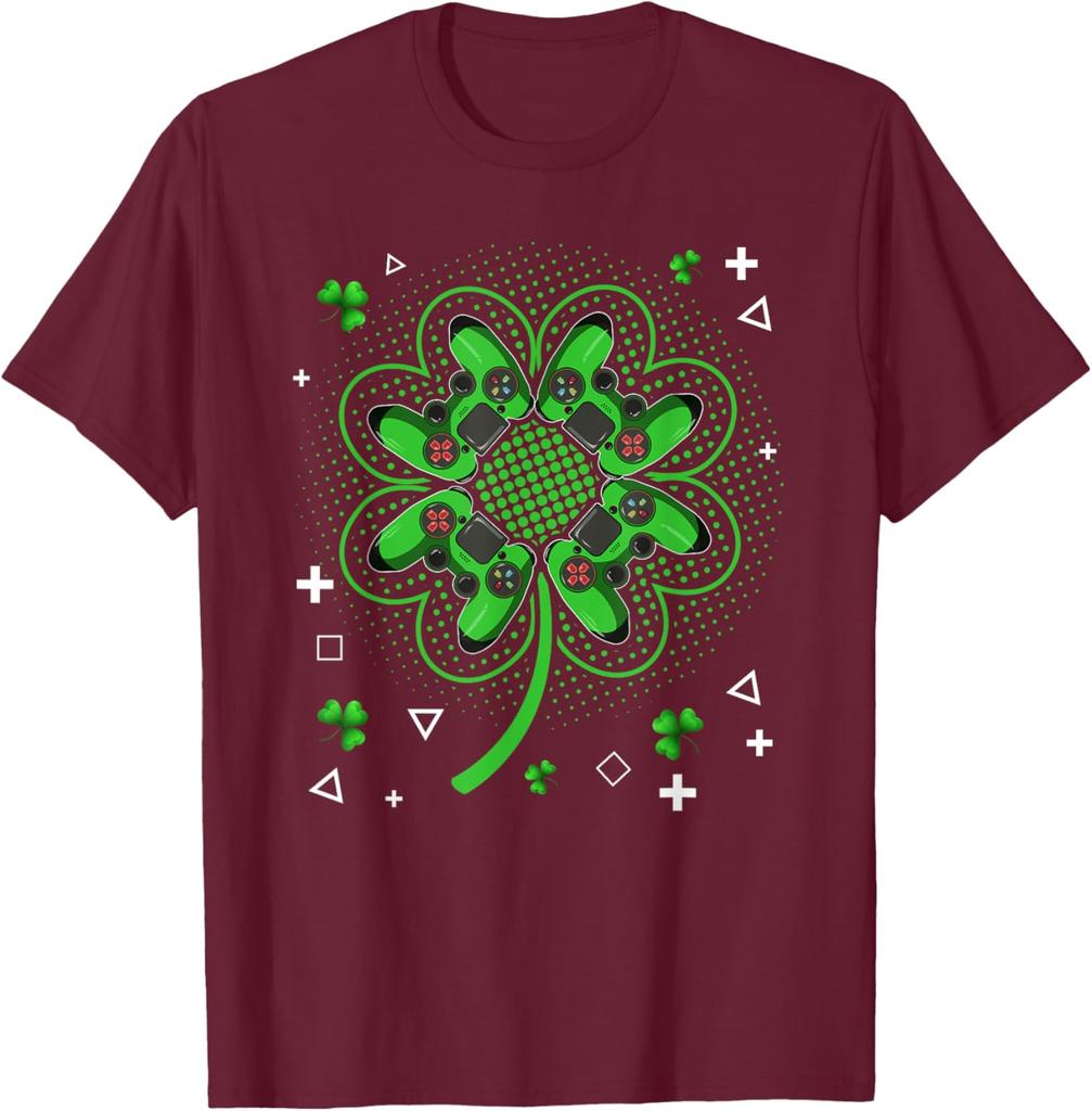 Gamer Shamrock Clover Controller St Patricks Day Graphic Tee Men Casual Trip T-Shirt