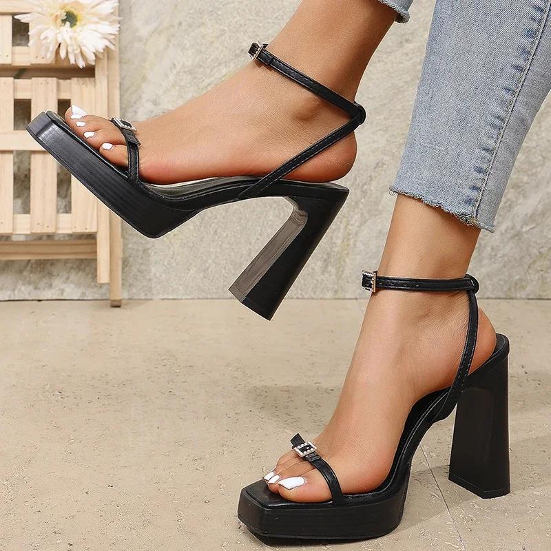 Fashion Chunky Platform Super High Heels Sandals Women Crystal Buckle Ankle Strap Gladiator Shoes Woman Summer Squre Toe Pumps Sandalias