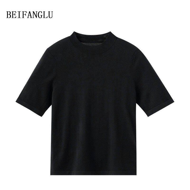 Northern Deer Women's Fine Wool Knit Short Sleeve T-Shirt with Half-High Collar