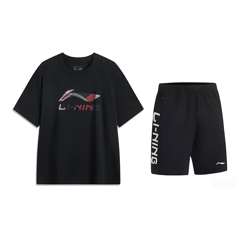 Li-Ning Minimalist Solid Color Pullover Comfortable Fashion Short Sleeve Casual Sports Suit Unisex suit Black AHSV161-2+YKSV115-1