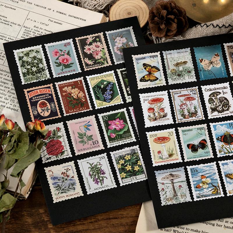 46pcs Vintage Stamp Butterfly Art paper Stickers Scrapbooking Decorative Stationery Junk Journal DIY Material Arts Deco Stickers