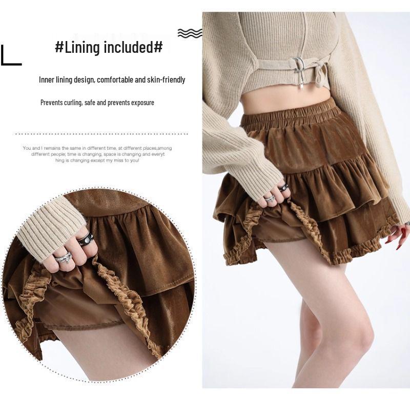 Women's French Retro Velvet High-Waist A-line Skirt: Pleated, Fluffy, Anti-exposure Design for Autumn/Winter