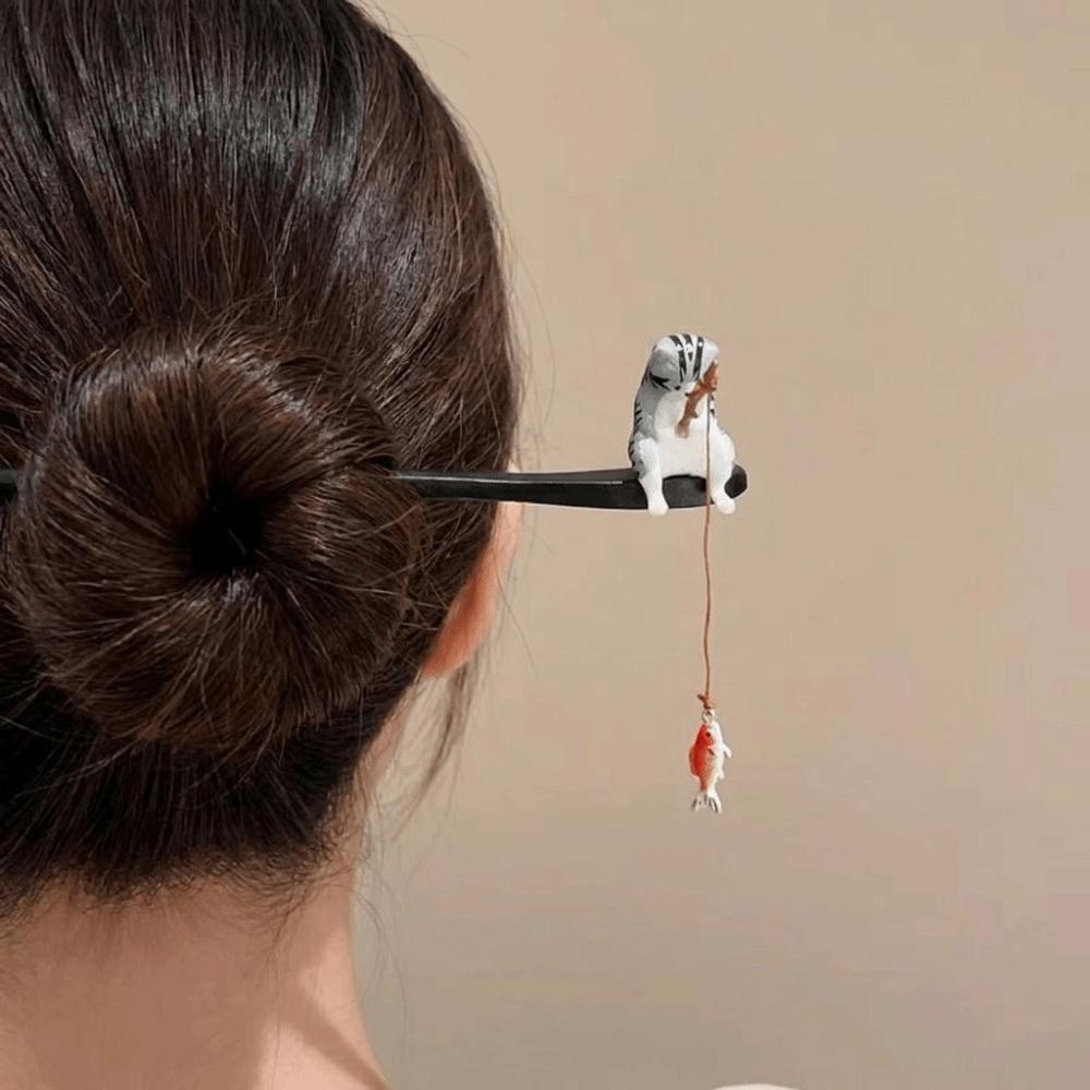 Chinese Style Cat Fishing Hair Stick Tassel Hanfu Hairpin Retro Wooden Hair Stick Girl