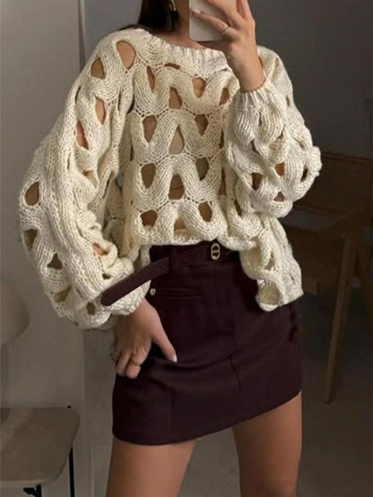 Cardigan Pulover Casual Tricotat cu Decupaje pentru Femei cu Mânecă Lungă