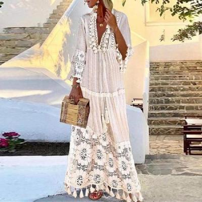 Nowa Bohemian Sukienka Plażowa Długa Wiosna Lato Wakacje Koronka Frędzle Łączenie Sukienka Temperamentowa