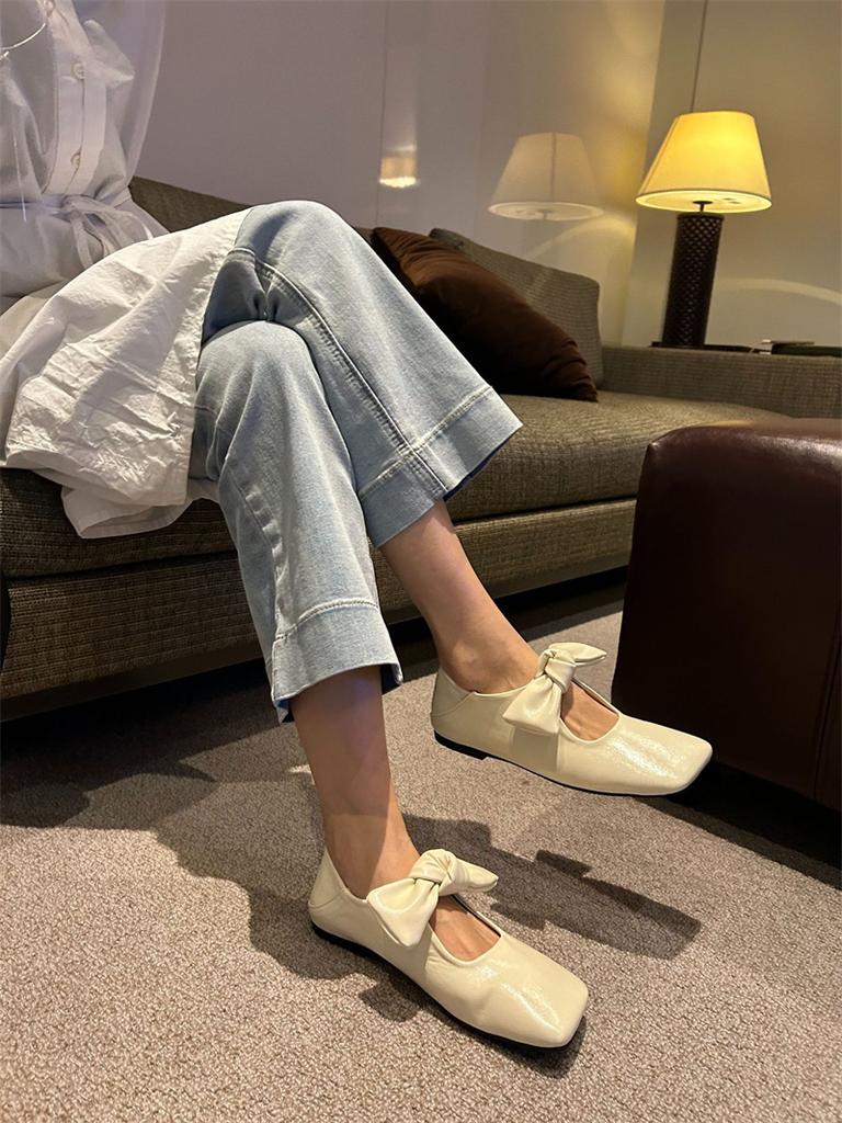 Fashion IPPEUM Women Elegant Leather Mary Jane With Square Toe With Bow Brown Ballet Flats