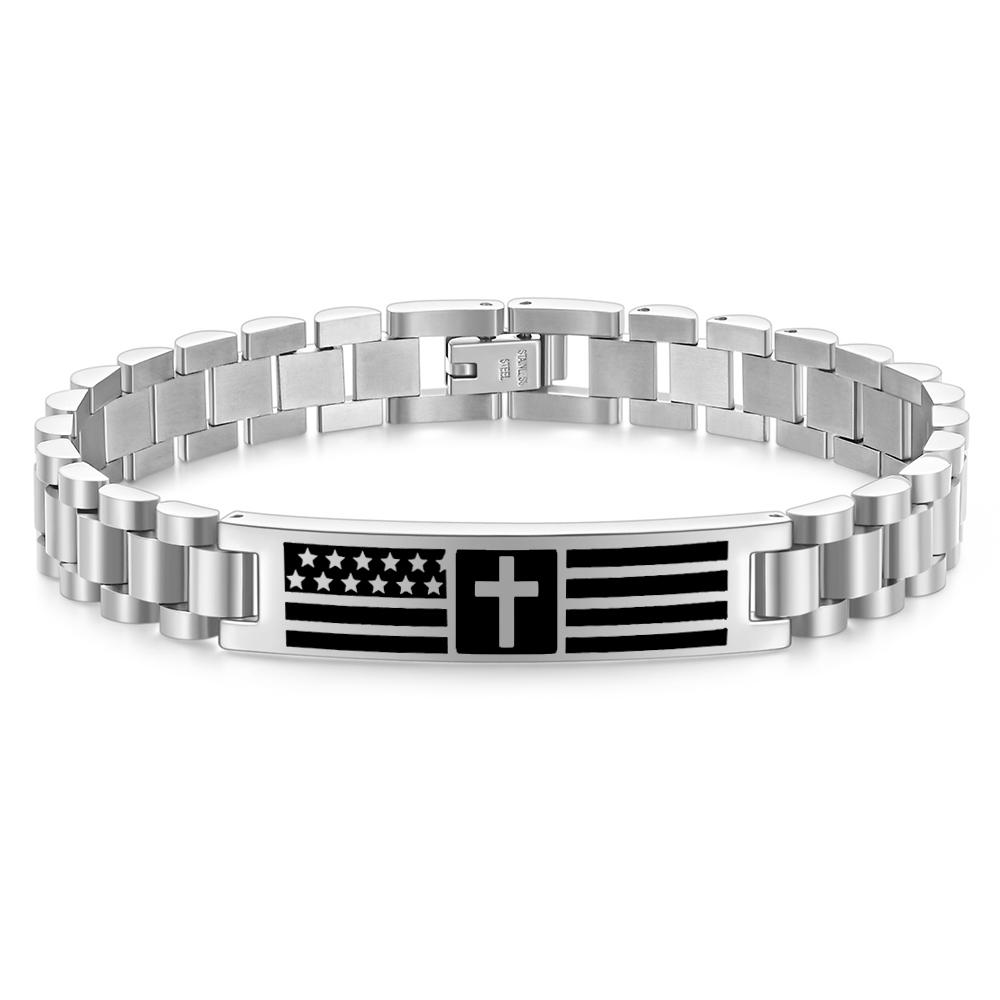 10MM Engraved Cross Bracelet, Men's Stainless Steel Scripture Curved Plate Bracelet