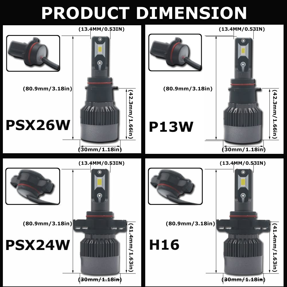 Eseastar P13W LED Light Instant Free Beam Axis Genuine Halogen Size for Meets New Vehicle Inspection High 6500K Pack of 2 Headlight/Fog Bulbs,