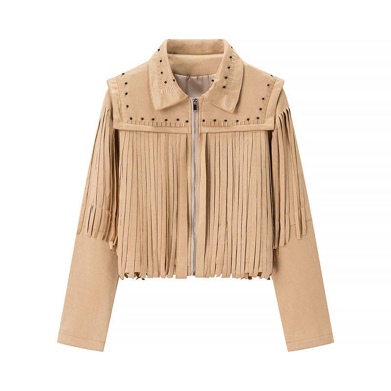 Kaslead New Women clothes Western Style Fashion Simple Tassel Leather Coat Imitated Chamois Pu Jacket