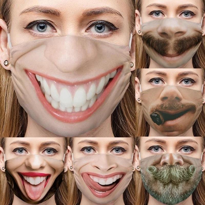 New Unisex 3D Funny Face Printed Masks Adult Windproof Washable Reusable Cotton Mouth Mask