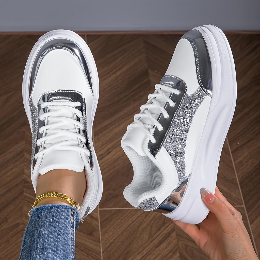 Women's Sequin Decorative Casual Sneaker, Lace-up Lightweight Soft Sole Walking Skateboard Shoes, Low-Top Comfortable