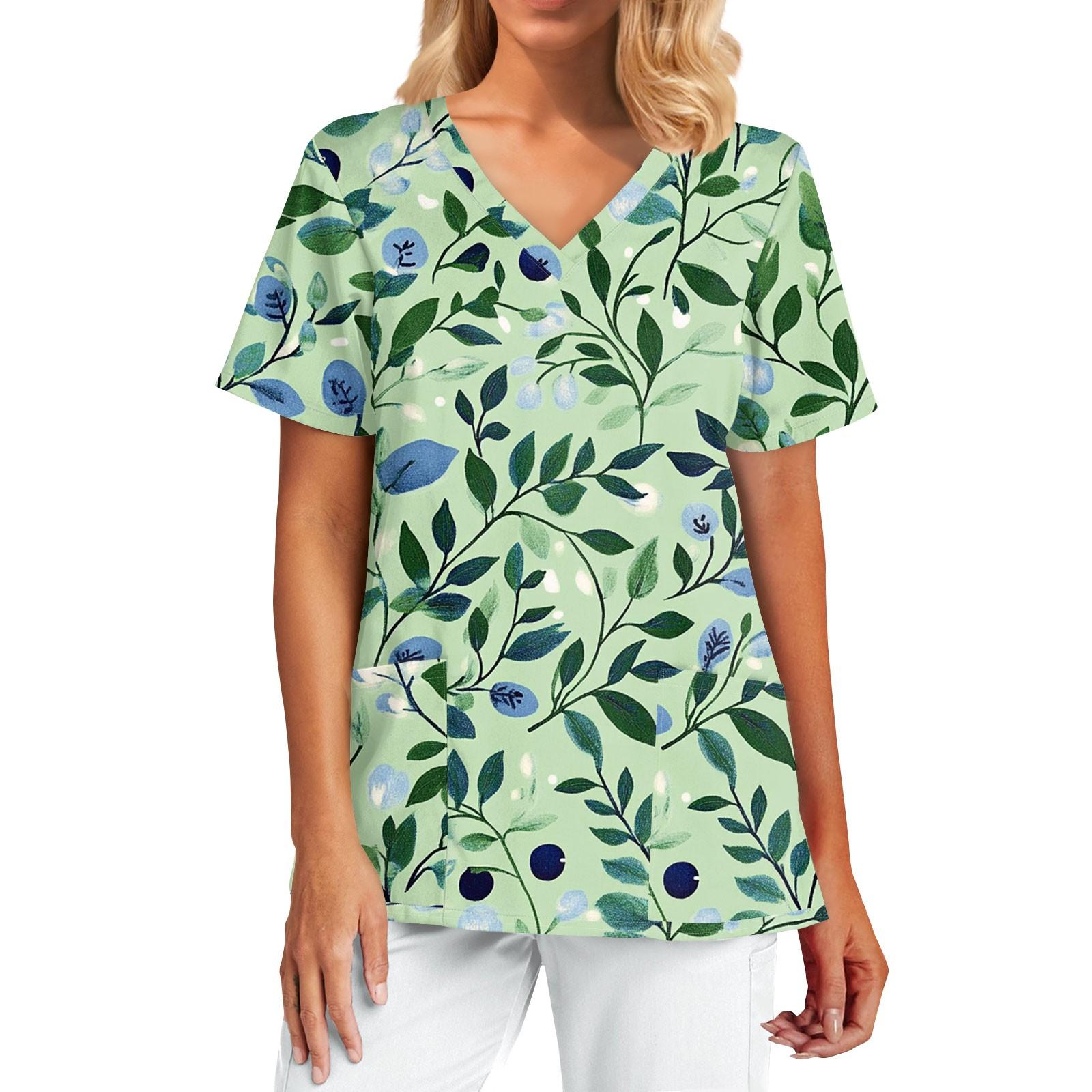 Women s Fashion Print Short Sleeve V Neck Pocket  Top L
