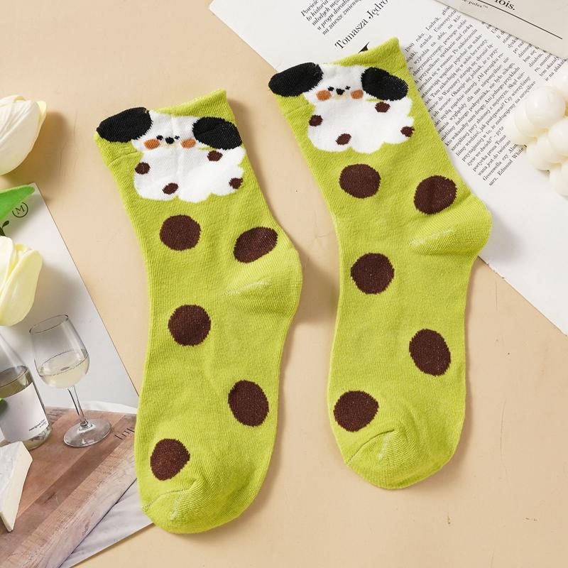 1/5 Pairs Women's Cute Cartoon Mid Calf Socks Pure Sotton Skin-friendly Breathable Mid-tube Socks Suitable for All Seasons