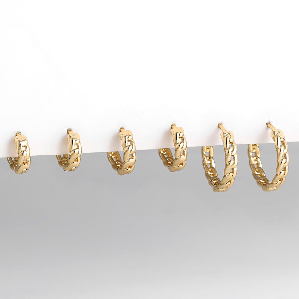 3pair Creative Gold Color Geometric Irregular Hammered Earrings Vintage Twisted Cuban Chain Hoop Earrings Set for Women Zircon