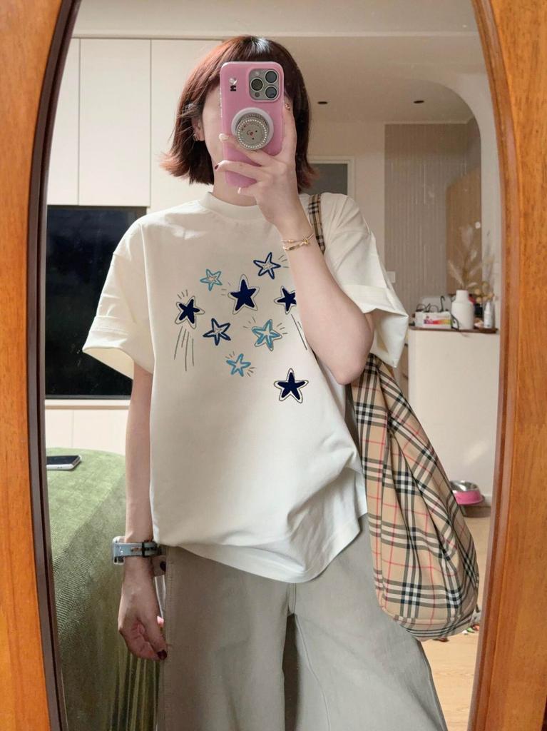 American white star short-sleeved t-shirt female summer student loose design sense niche unique huge good-looking half-sleeved top