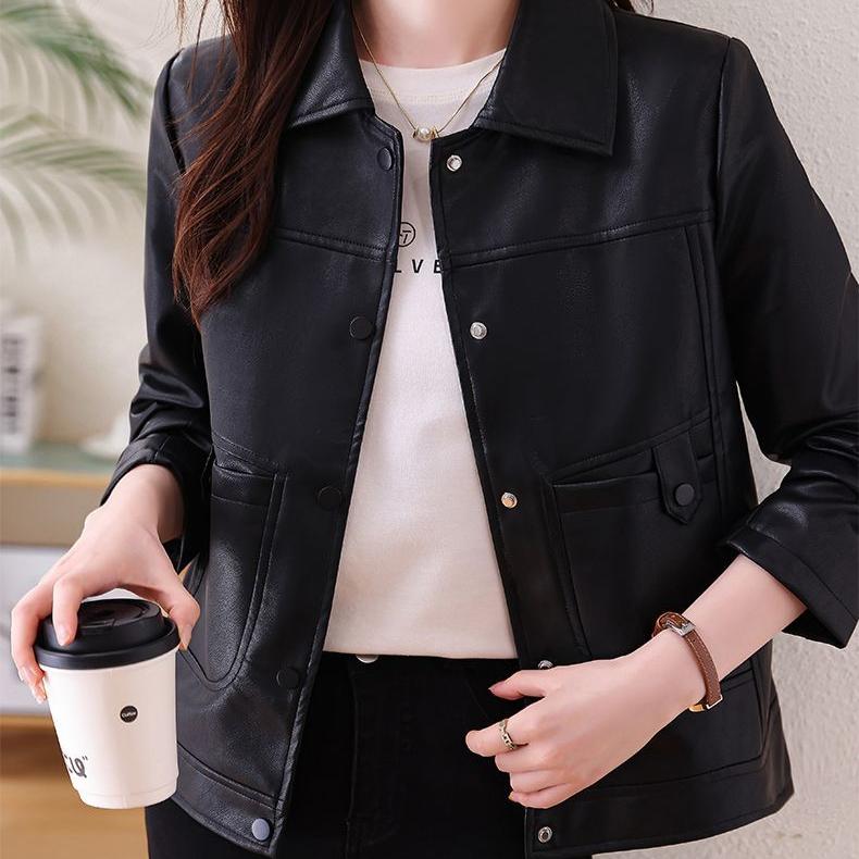 Autumn Winter Black PU Leather Coat Women Korean Fashion Motorcycle Jacket High End Casual All-Match Faux Leather Overcoat