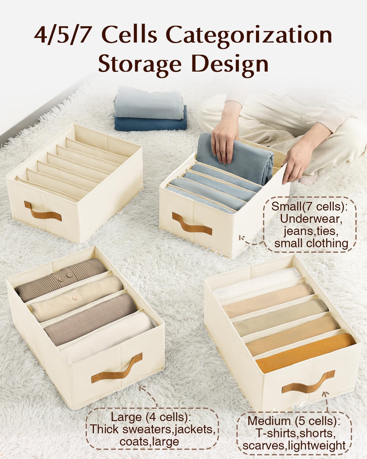 

Foldable Fabric Jeans Organizer, 4/5/7 Grid Closet Divider with Handles, Wardrobe Storage for Pants, Sweaters, T-shirts, Scarves United States