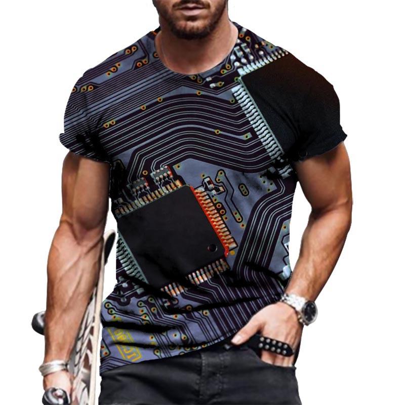 Summer Round Neck 3D Circuit Board Print T-shirts Fashionable Casual Short Sleeved Men's T-shirts