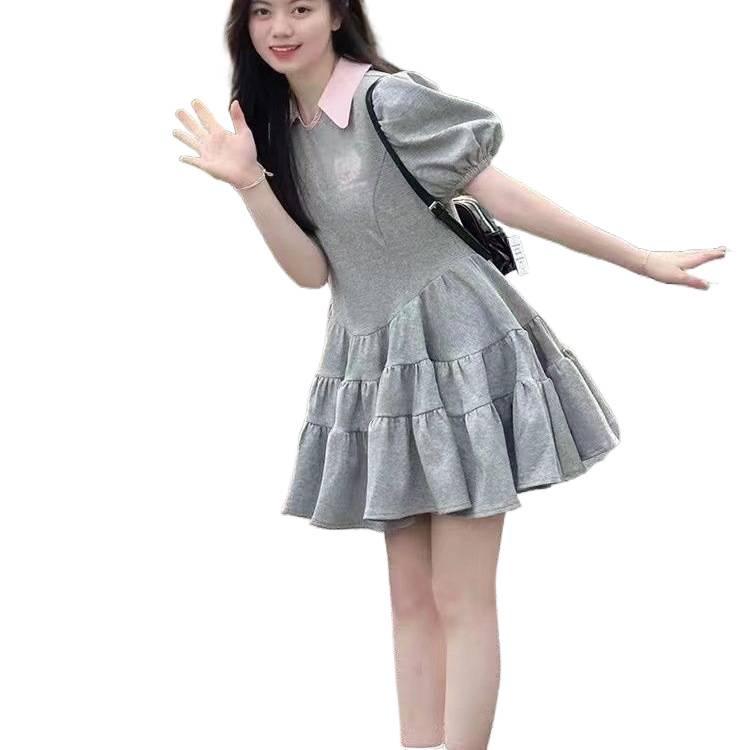 Abito estivo grigio stile college 2026, ragazza piccante - Gonna a palloncino, Design di nicchia Principessa