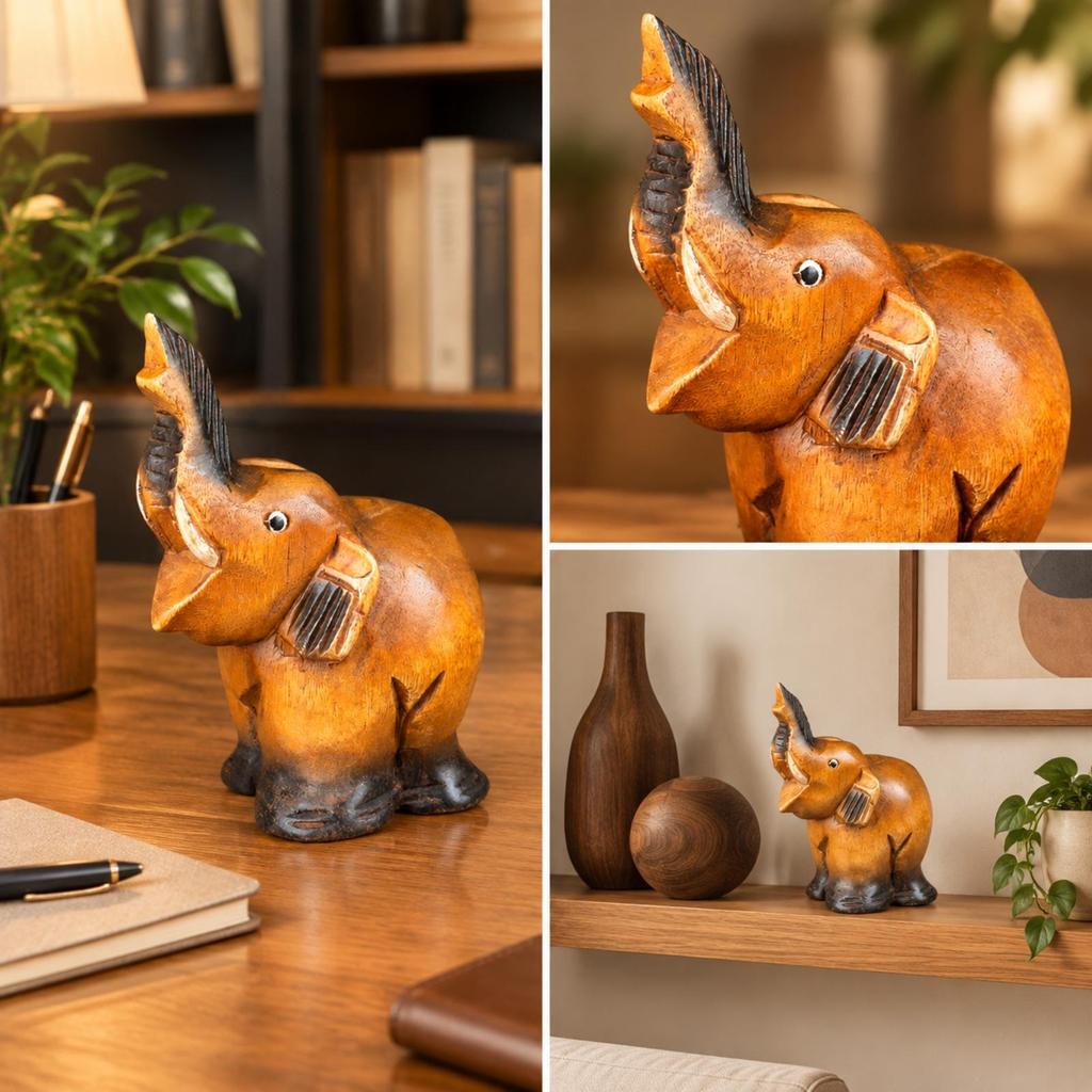 Hand-Carved Teak Wood Elephant Figurine Warm-Toned Wooden