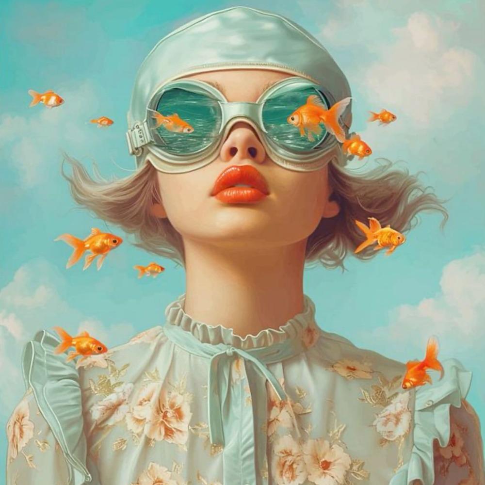 Surrealist Female Portrait Oil On Canvas Wall Art Fantastic Fantasy Fish and Girl Poster Printed Living Room Home Decor