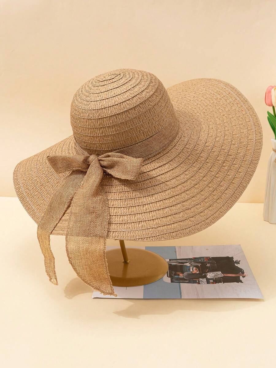 Zealous Sole Women's Multicolour Wide Brim Straw Sun Hat With Bow Decor Casual Beach Hat Cm