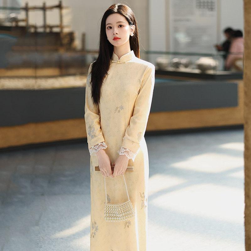 Yellow national style new Chinese long-sleeved cheongsam improved young 1011 new women's high-end sense retro spring and autumn