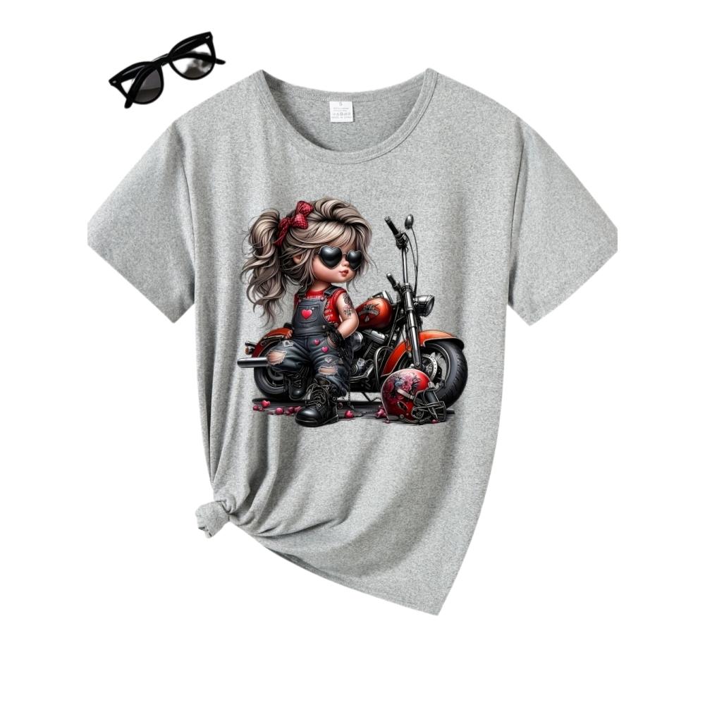 Retro Motorrad Grafik T-Shirt für Damen Elegantes Süßes Design Rosa Frau Kurzarm Print Tee Sommer Rundhals Lässige Tops