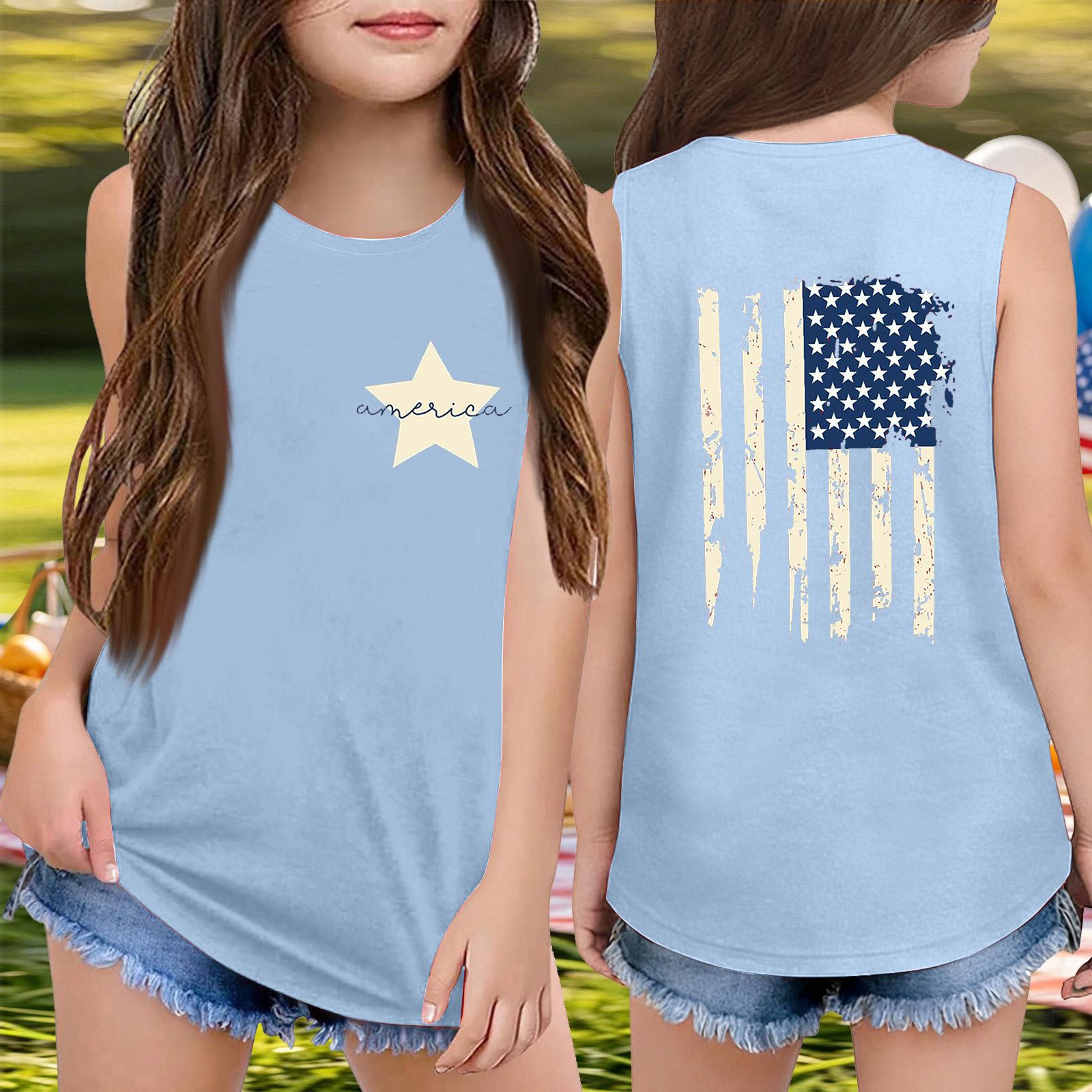 

Girls Sleeveless Loose Fit Tank Top Independence Day Print Round Neck T Shirt 250 Years of Freedom 1776 2026 USA America Est 1776 100