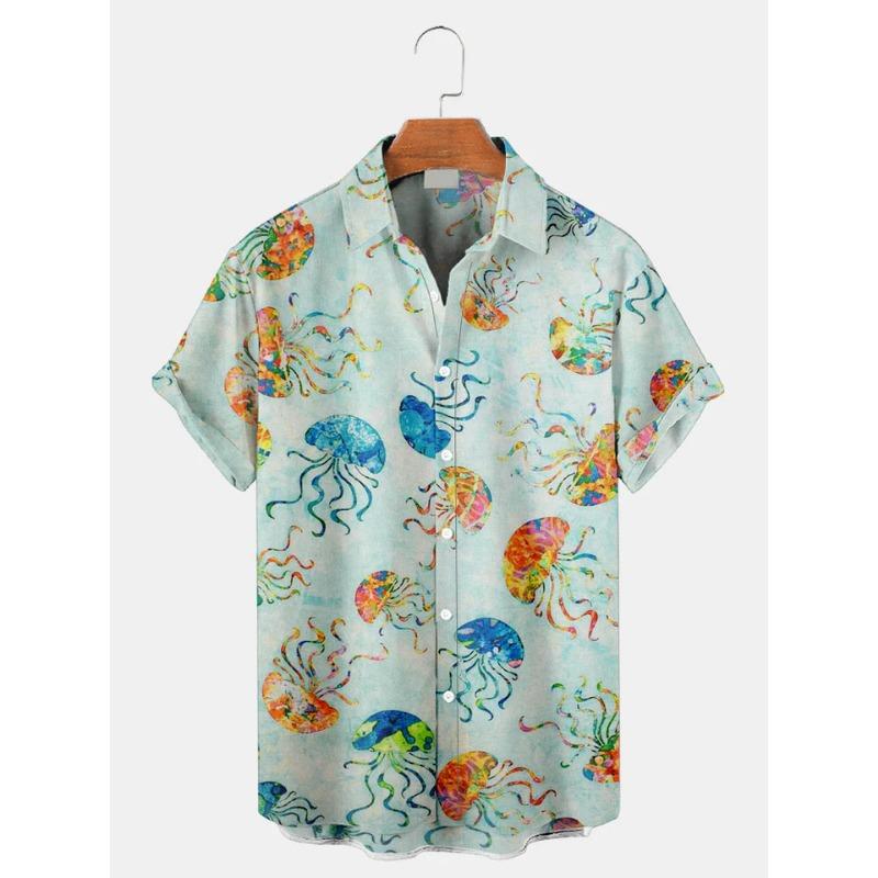 Fashion Men's Casual Sea Life Graphics Short Sleeve Shirt Button Down Lapel Shirts Oversized Tops Casual Hawaiian Shirt for Man
