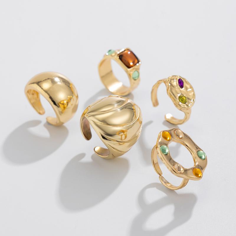 5Pcs Vintage Irregular Metal Large Circular Rings For Women Colorful Rhinestone Opening Rings Fashion Jewelry Accessories Gifts