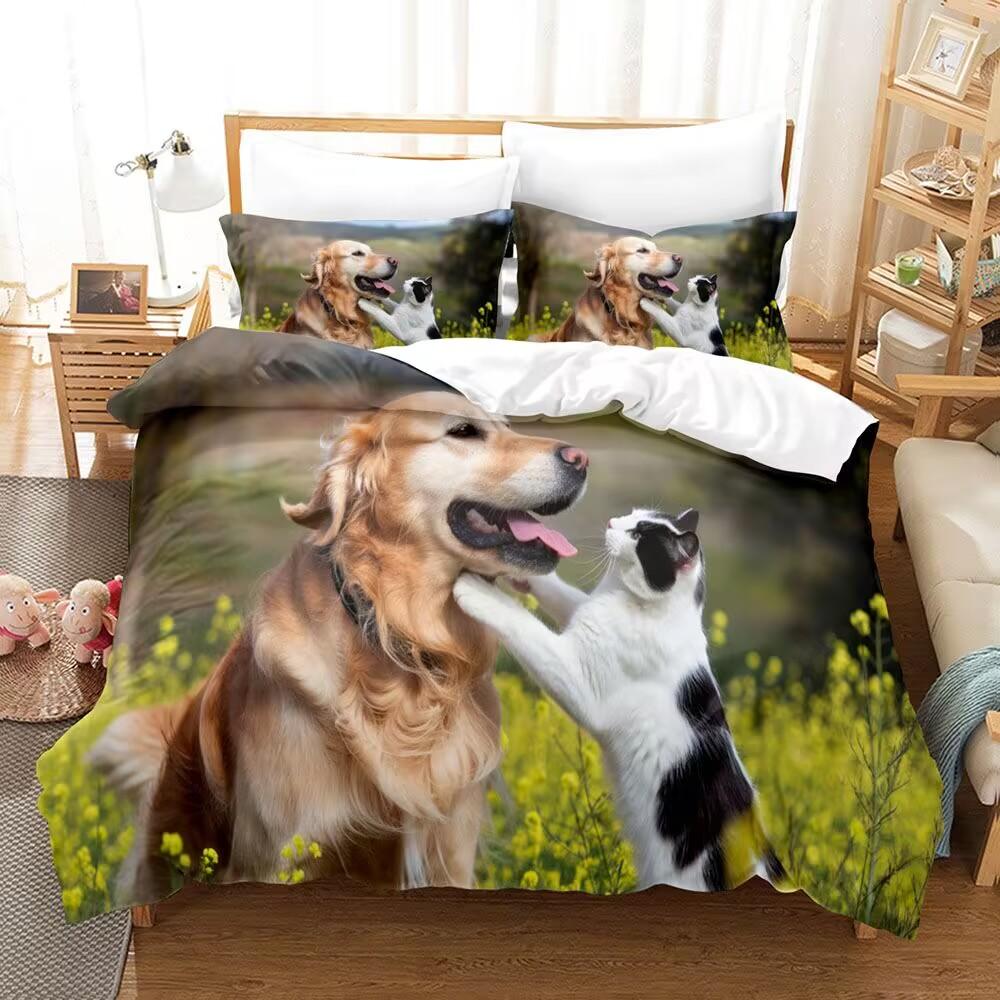 Cute Dog Cat 3D Print Bedding Set Comfortable Skin-Friendly Lovey Therapeutic Twin King Duvet Cover Set For Kids Boys Girls Gift