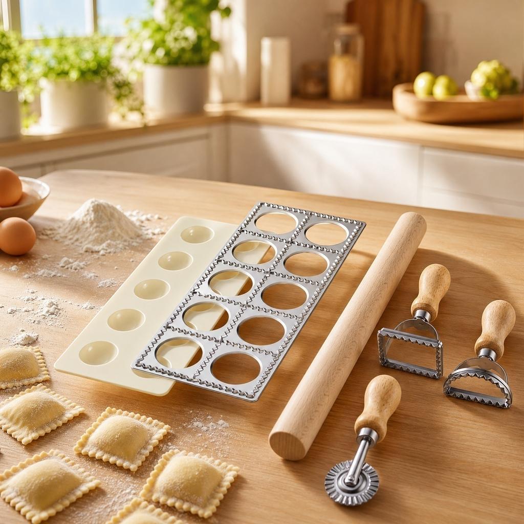 Wooden Rolling Pin Pasta Dough Cutter Set Stainless Steel Ravioli Mold Dumpling Maker Kitchen Tool for Homemade Italian Pasta Dough Preparation