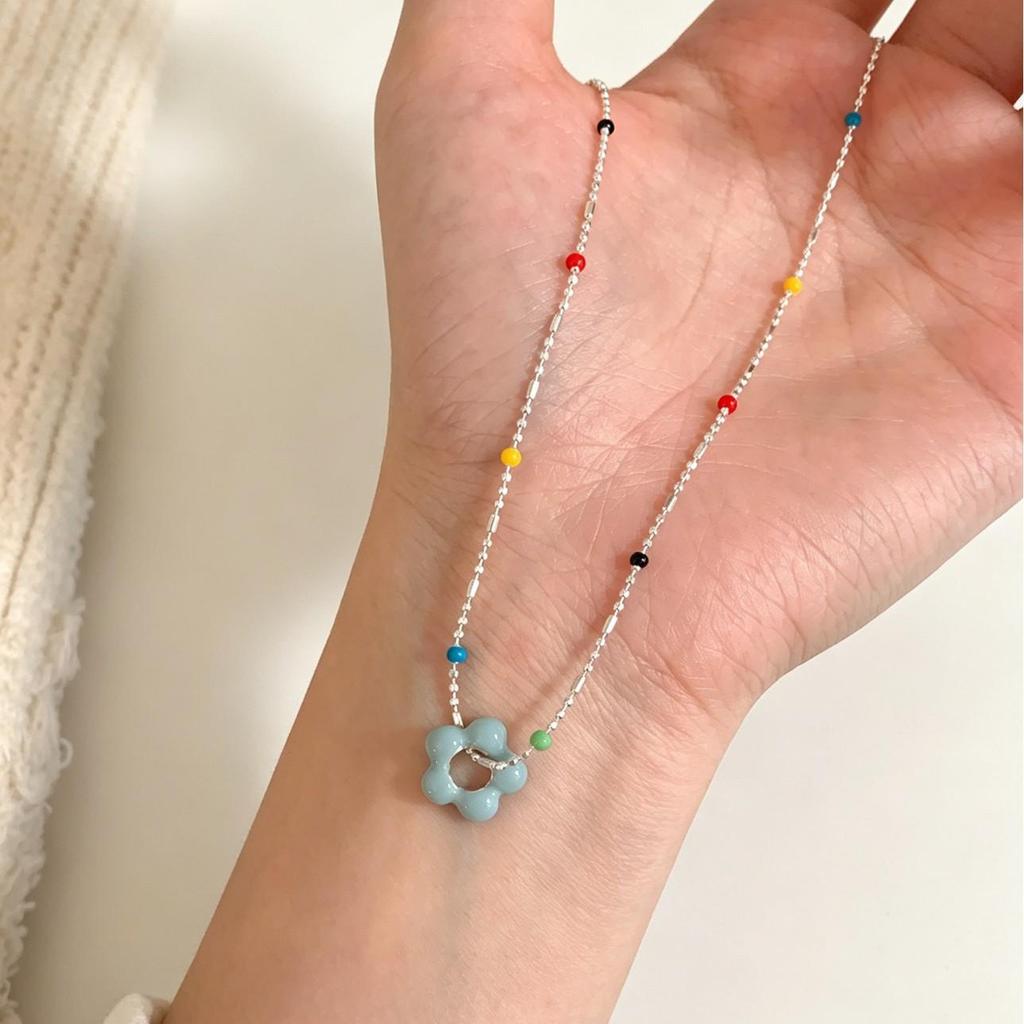 925 Sterling Silver Enamel Bead Colorful Flower Necklace for Women