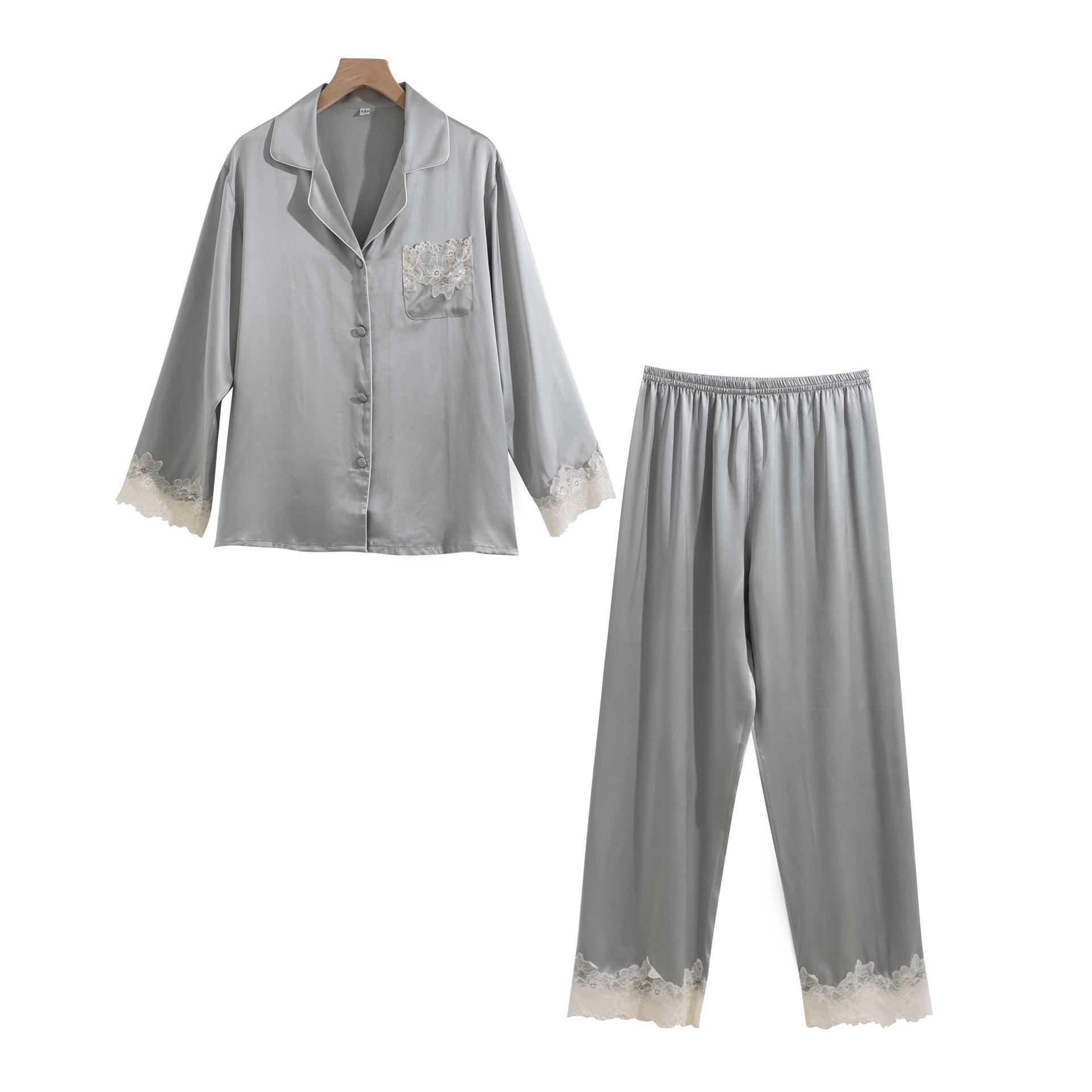 Роскошный женский шелковый комплект пижамы - Легкий, с кружевной отделкой, с длинным рукавом и брюками, однотонный домашний костюм (2026) L