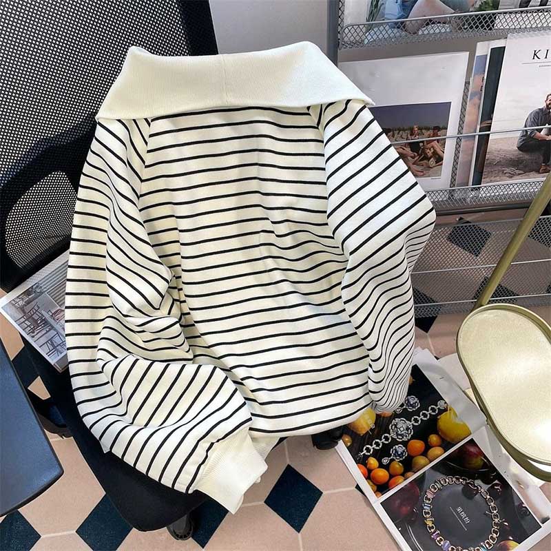 Hanorac de damă Vintage cu jumătate de fermoar Tricou polo de zi cu zi Jachetă cu dungi retro în dungi