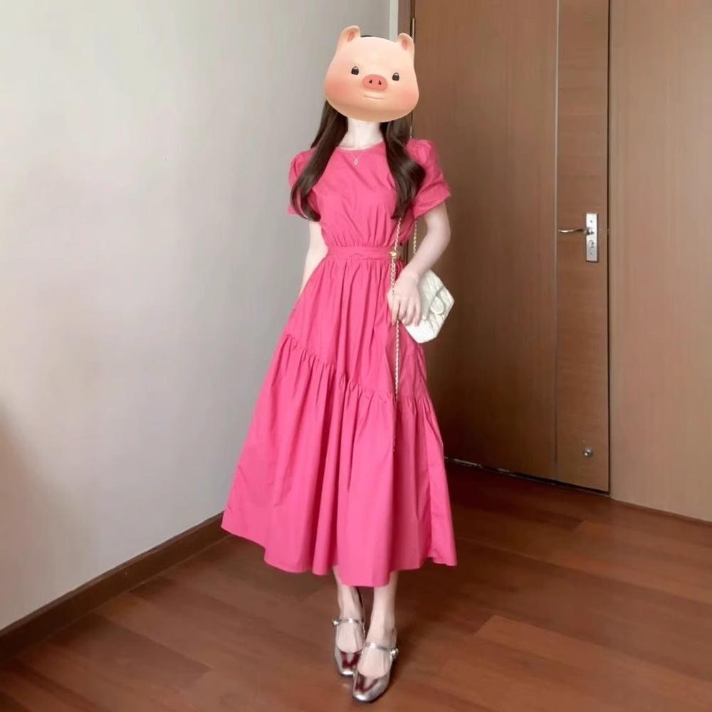 French Temperament Waist Rose Red Dress Women's Summer New Small High-end Feeling Meat-covering and Thin Dress