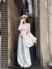 Women's Spring High-Waisted Wide-Leg Pants with Bowknot, Blue Stripes, Slim-Fit, Elastic Waist, Casual and Versatile Style.