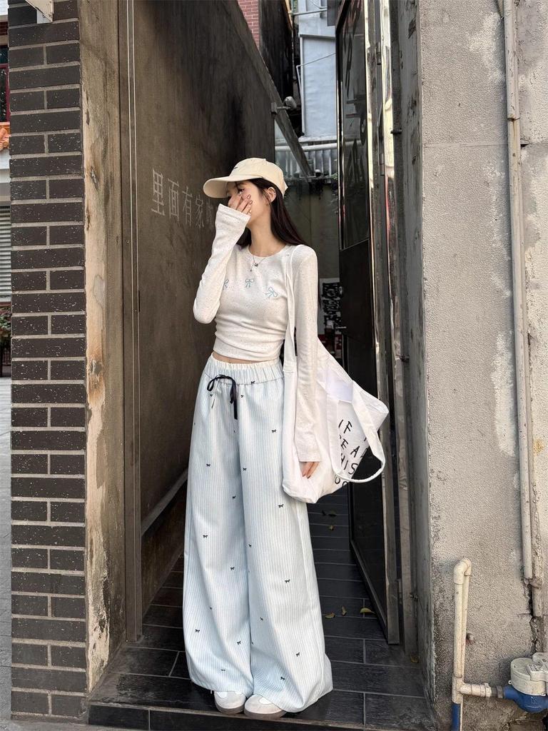 Women's Spring High-Waisted Wide-Leg Pants with Bowknot, Blue Stripes, Slim-Fit, Elastic Waist, Casual and Versatile Style.