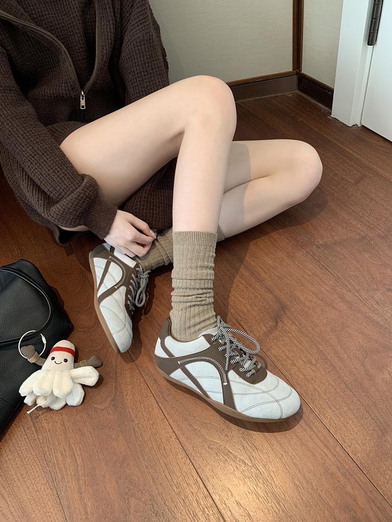 Cowhide version~ grape ma inner height increase 3cm fashionable color scheme lace-up round head splicing German training shoes women's casual spor