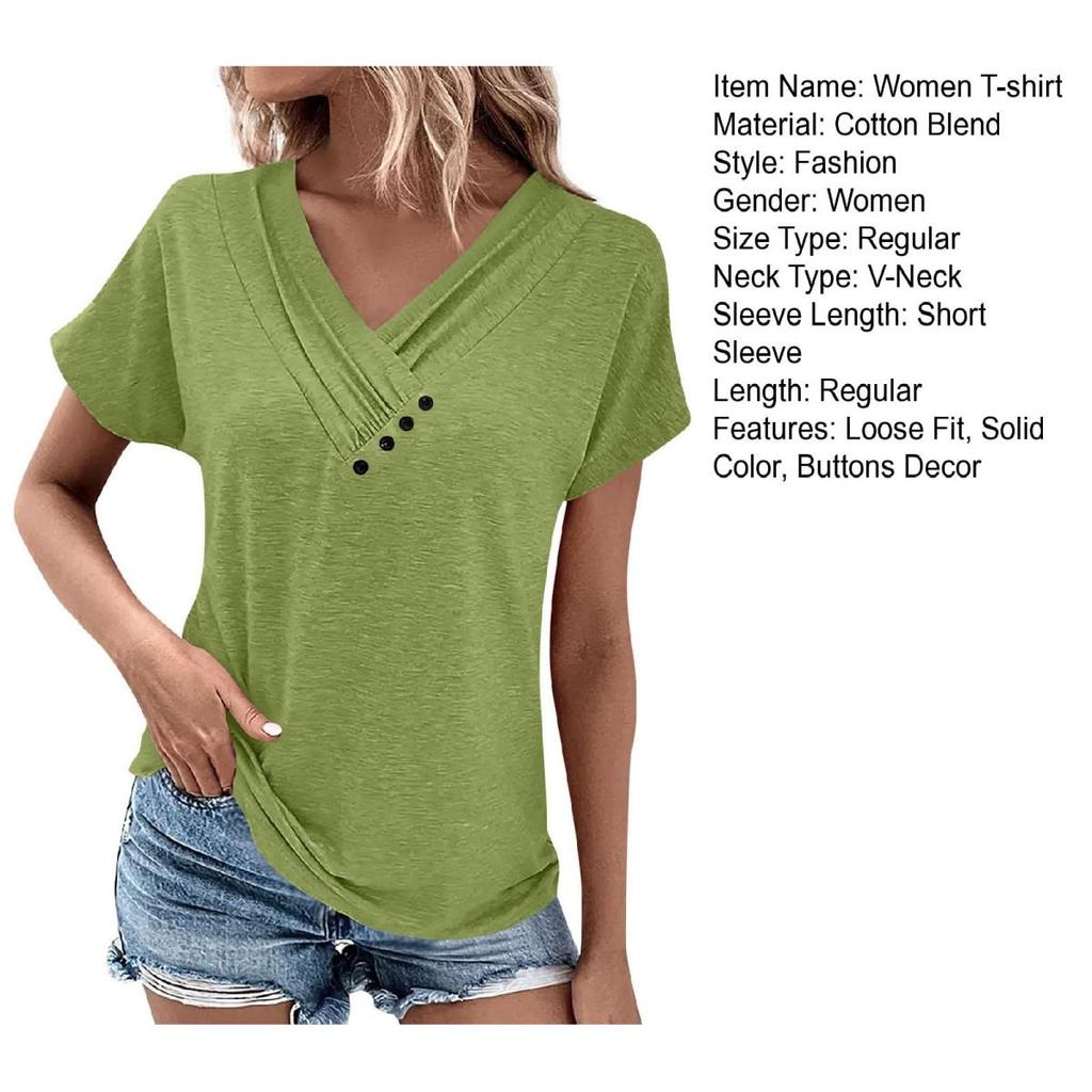 Yousheng Women T-shirt V-Neck Short Sleeve Loose Fit Tee Shirt Buttons Decor Solid Color Pullover Tops Daily Wear