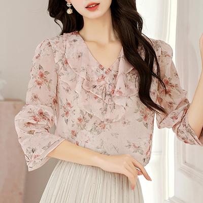 New 2024 Fashion Autumn Long Sleeve Ruffles V-Neck Print Chiffon Blouse Shirt Women Tops Blouses Shirts J431