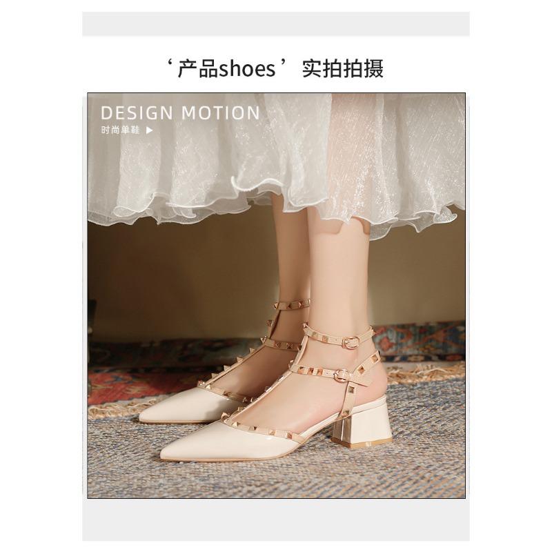 Dámské sandály na silném podpatku Letní Nová móda Špičatá špička Nýty Sandály na vysokém podpatku Dámské