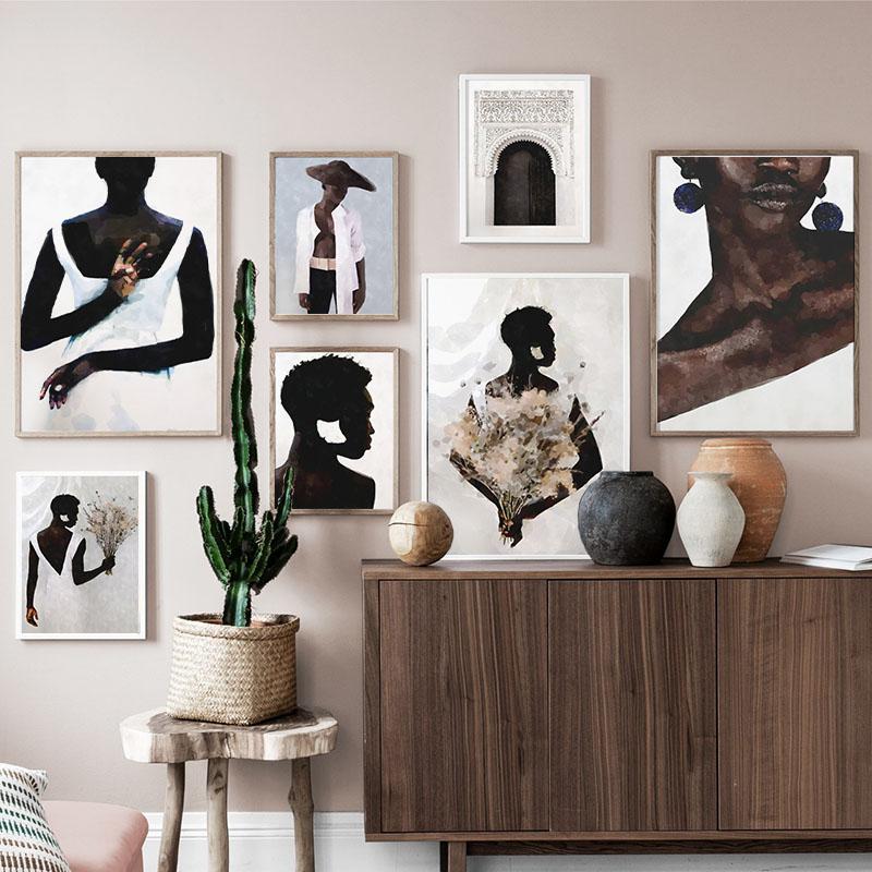 Beautiful Black Girl Wall Art Flowers Door Watercolor Oil Painting Minimalist Nordic Poster Printing Wall Painting Living Room