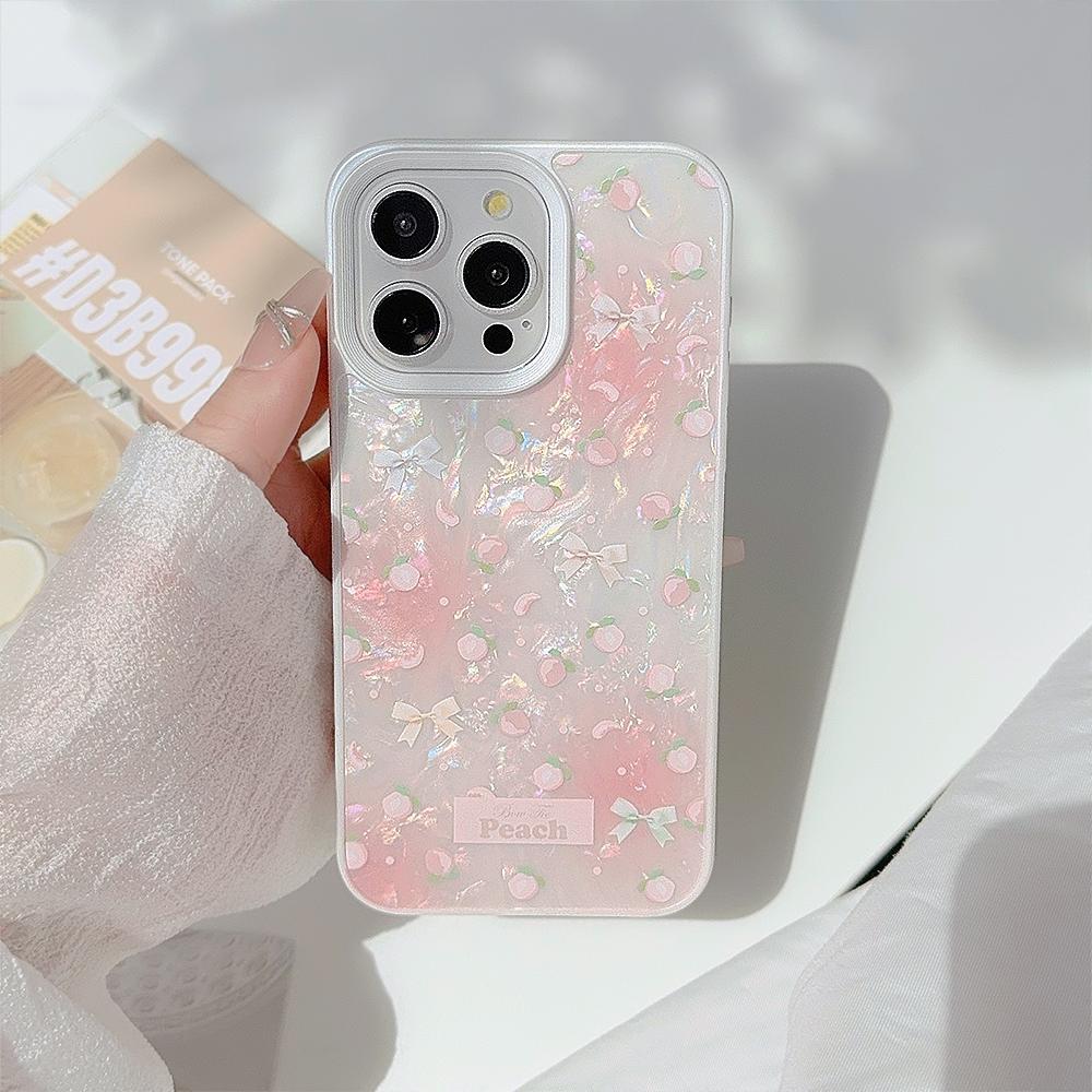 Luxusní Pearl White Shell Pattern kryt na telefon pro iPhone 15 14 13 12 11 Pro Max Plus Peach Pink Knot Bumper Cover