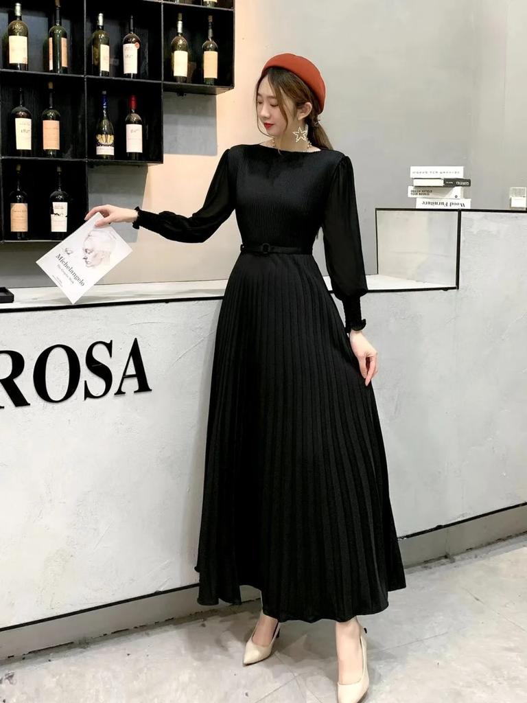 Women Slim Pleated Maxi Dress with Belt Female Streetwear Vintage Dress Tie Front Dress  Robe