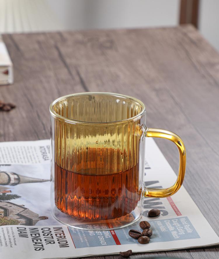 Double-Layer Vertical Stripe Glass Cup with Large Handle for Home, Office, or Coffee Shop Use