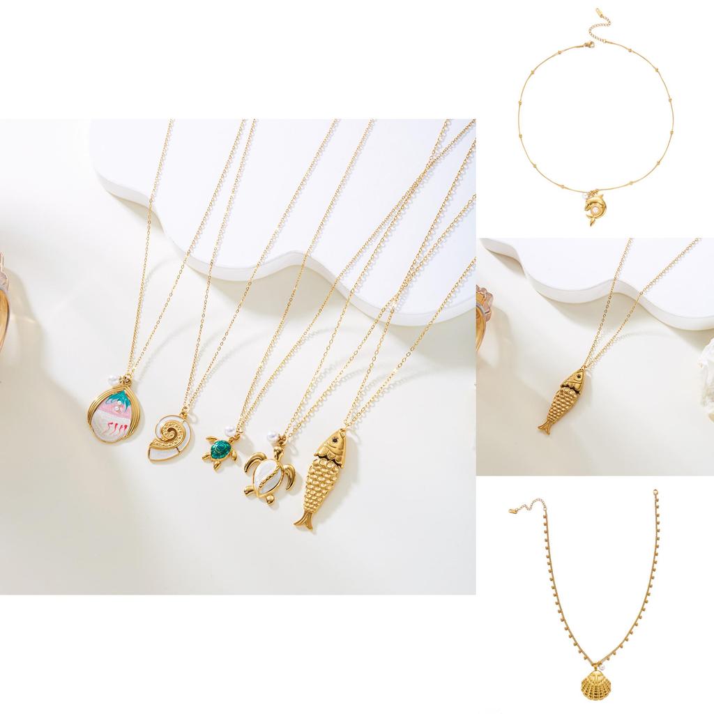 Marine Theme Stainless Steel Pendant Necklace With Pearl And Turtle Design For Summer Fashion